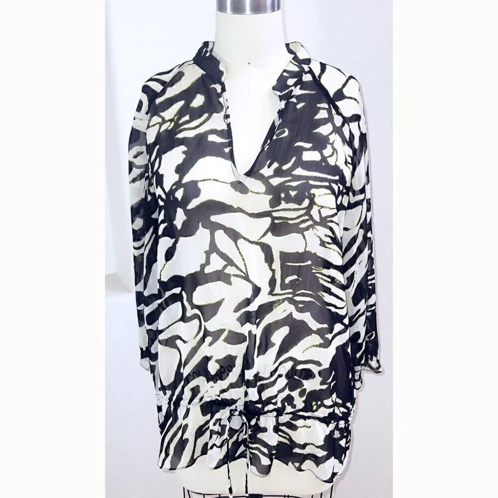 Anne Klein sheer abstract black/white tunic top blouse